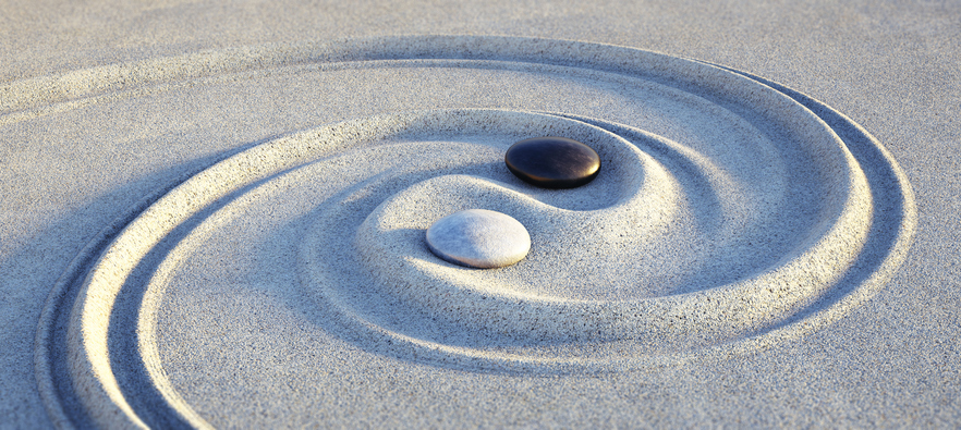 Japanese rock garden, rock garden, summer, Yin Yang symbol made of sand and stones, nature, tranquility
