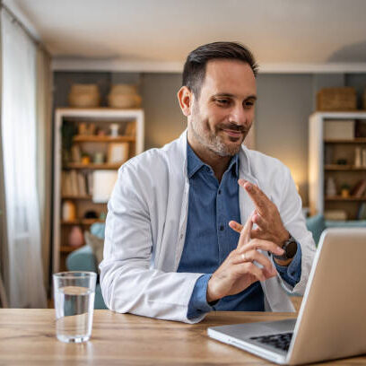 A doctor engages in a video conference, providing a medical consultation to a patient remotely. With a focus on delivering quality healthcare through digital platforms, the physician offers expert advice and guidance from a professional setting. This image highlights the growing role of telemedicine, the convenience of virtual consultations, and the ability of healthcare professionals to connect with patients anytime, anywhere.